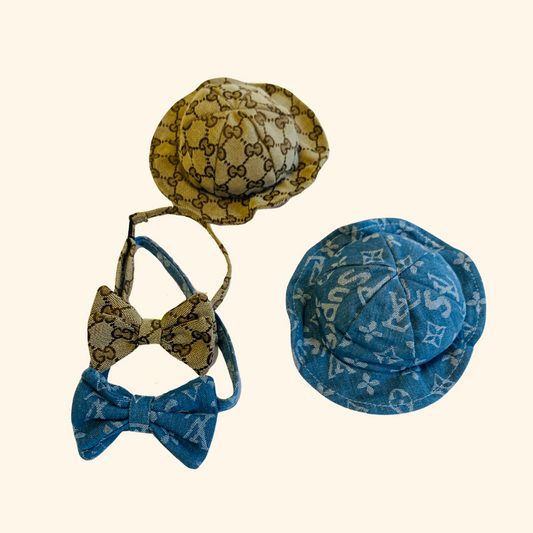 CUTE! Monogram L o g o Pet Hat & Bow Set