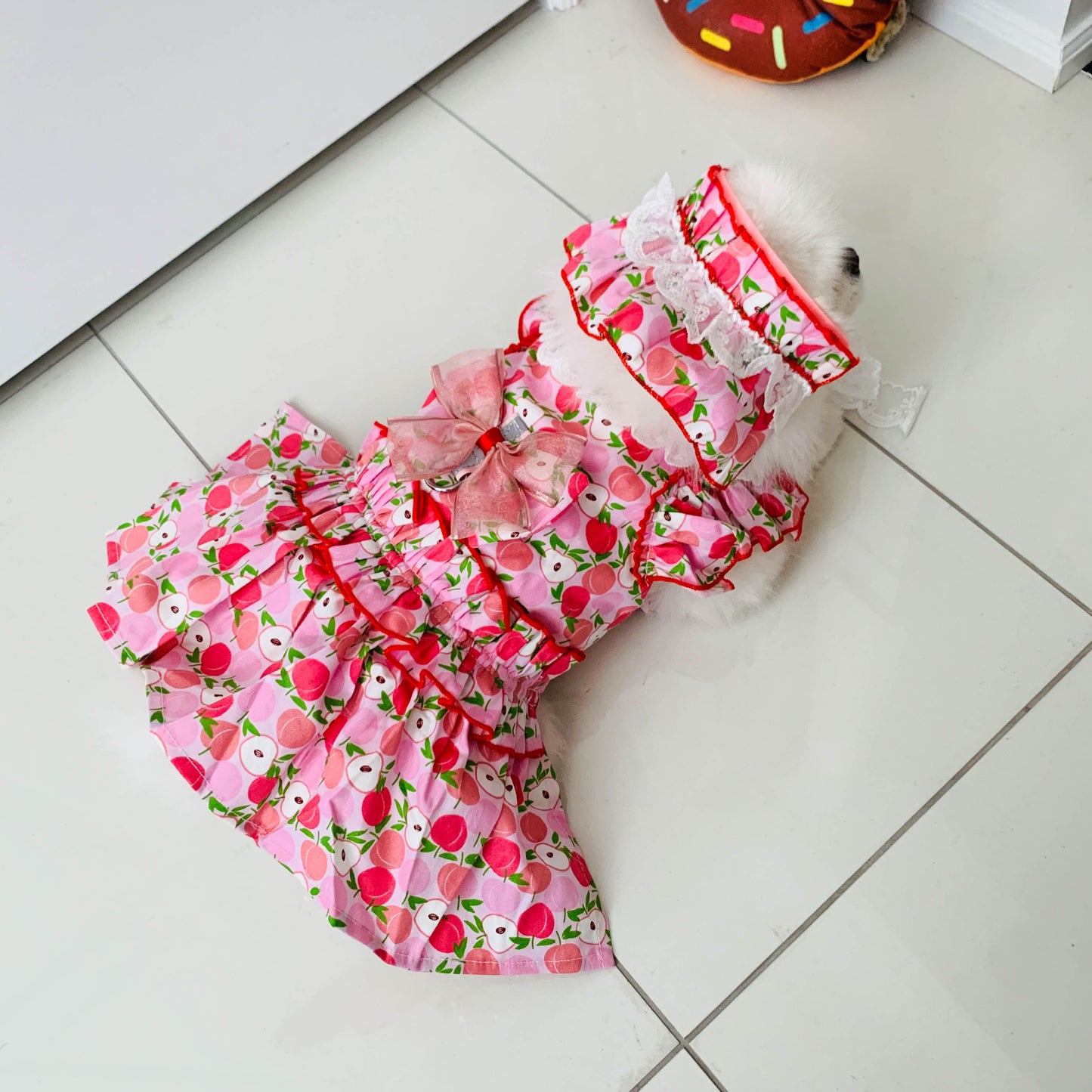 Passion Red Apple Pattern Harness Dress | For Elegant Dogs and Cats