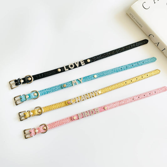 Customizable Pet Name Collar in Embossed & Glitter PU Leather | For Cats and Dogs
