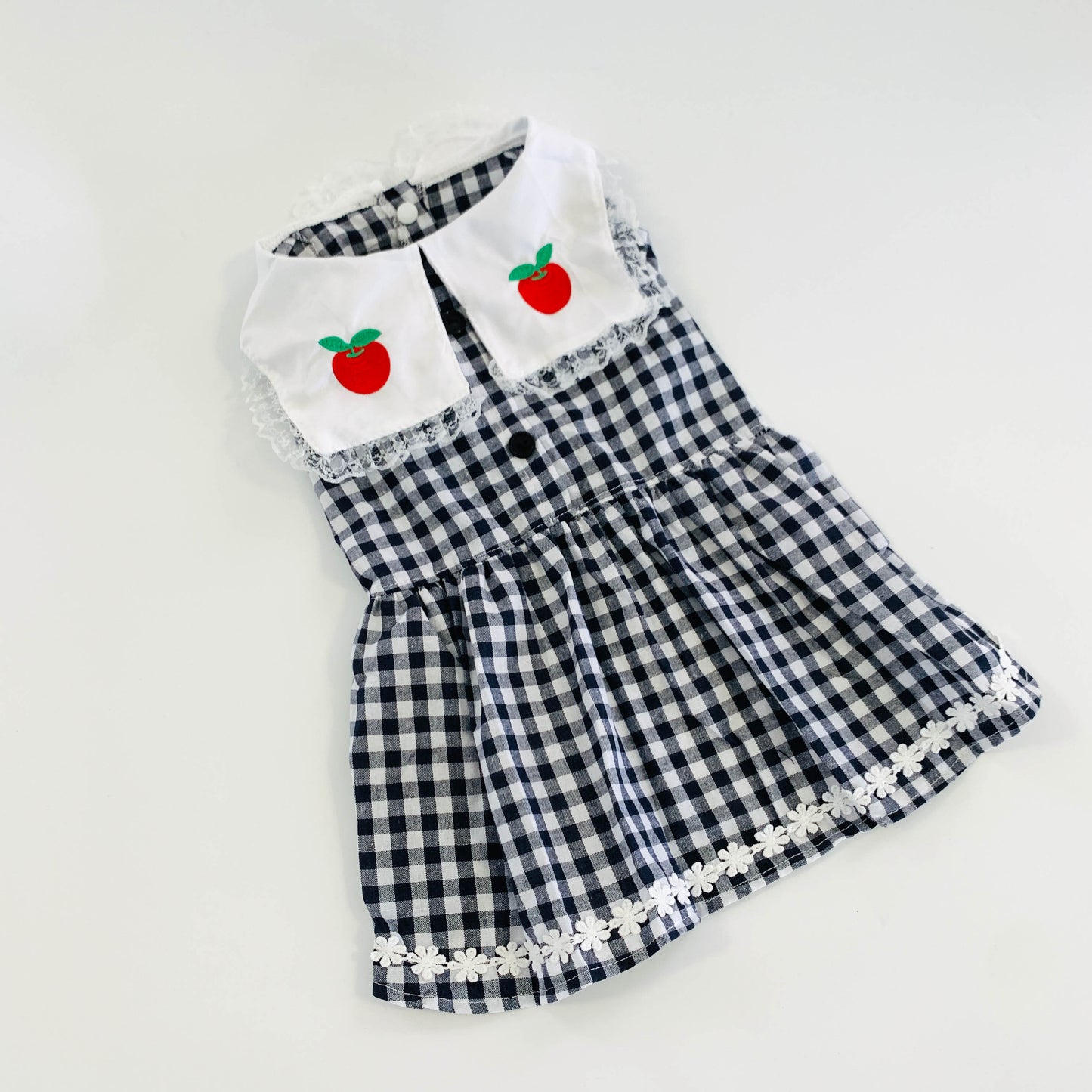 Summer Plaid Monochrome Pet Dress w Red Apple Embossing | Pet Stylish Dress