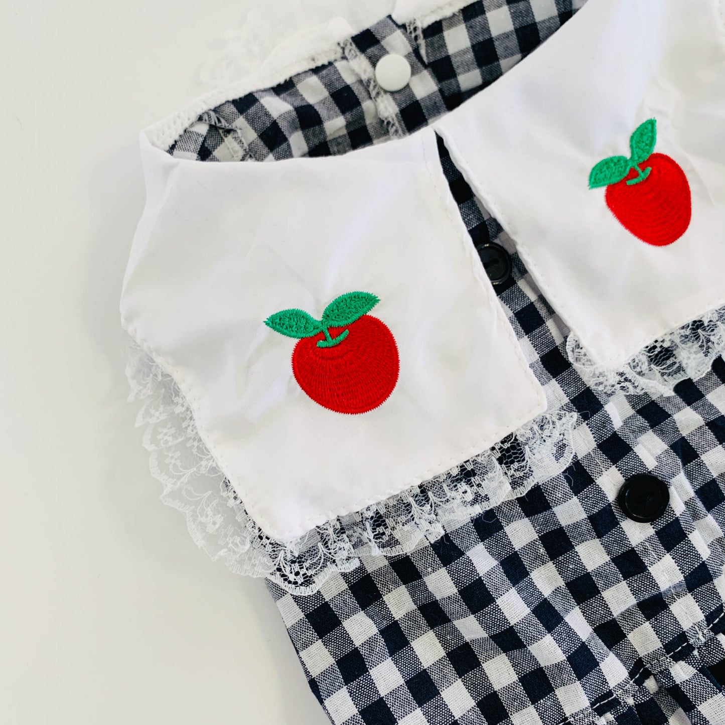 Summer Plaid Monochrome Pet Dress w Red Apple Embossing | Pet Stylish Dress