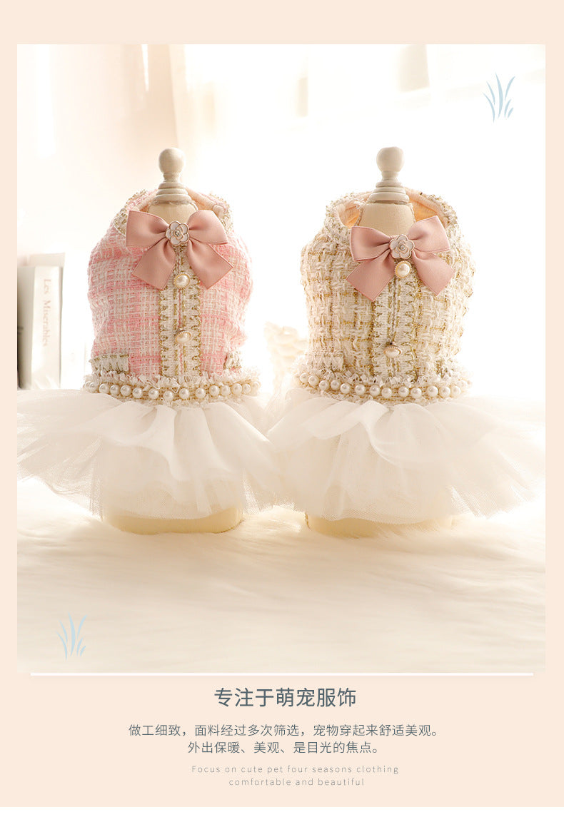 Elegant Tweed Pearl Pom Pet Dress | For Dogs and Cats
